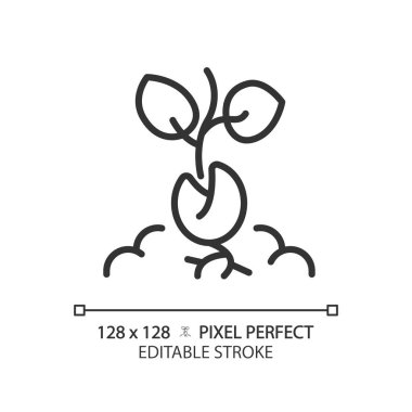 Filizlenme doğrusal simgesi. Tohum başlıyor. Topraktan filizlenen tohumlar. Bitki yetiştirme aşaması. Organik bahçıvanlık. İnce çizgili çizim. Contour sembolü. Vektör çizimi. Düzenlenebilir vuruş