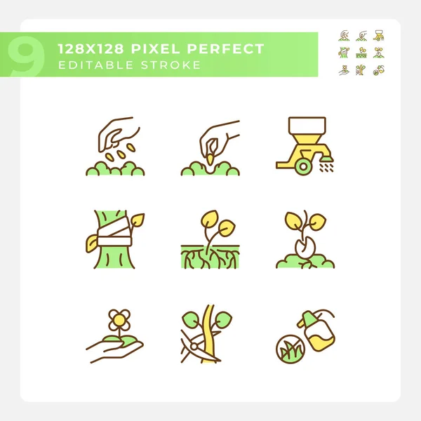 stock vector Agriculture green RGB color icons set. Soil cultivation. Growing crops. Rural development. Planting season. Isolated vector illustrations. Simple filled line drawings collection. Editable stroke