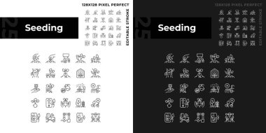 Karanlık, aydınlık moduna göre doğrusal simgeler yerleştiriliyor. Tarım endüstrisi. Bahçe işleri. Bitki yetiştiriyorum. Tarla ekimi. Gece ve gündüz teması için ince çizgi sembolleri. İzole çizimler. Düzenlenebilir vuruş