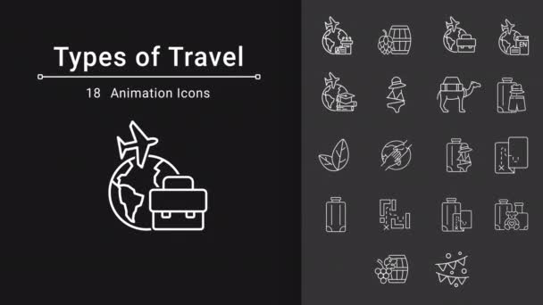 旅行白线动画的类型 飞到国外公务旅行 家庭旅游 带有色键的循环Hd视频 透明背景上的Alpha通道 黑色实心背景 — 图库视频影像