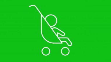 Bebek arabası beyaz çizgi animasyonu. At arabasıyla yürüyorum. Açık hava aktivitesi. Krom anahtarlı HD video, şeffaf arkaplanda alfa kanalı, siyah katı arkaplan. Canlandırılmış dış hat simgesi