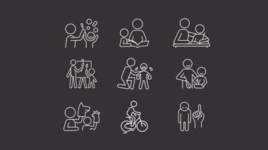 Çocuk gelişimi beyaz animasyonlar. Ebeveynlik sorunları. Erken öğrenme. Krom anahtarlı HD video, şeffaf arkaplanda alfa kanalı, siyah katı arkaplan. Canlandırılmış dış hat simgeleri