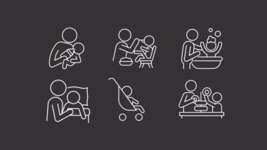 Çocuk bakımı beyaz çizgi animasyon seti. Ebeveyn ve çocuk ilişkisi. Krom anahtarlı HD video, şeffaf arkaplanda alfa kanalı, siyah katı arkaplan. Canlandırılmış dış hat simgeleri