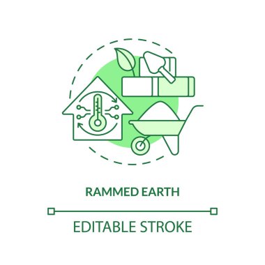 Toprağa çarpan yeşil konsept ikonu. Sürdürülebilir yapı malzemesi. Çevresel verimlilik fikri ince çizgi çizimi. İzole bir taslak çizim. Düzenlenebilir felç. Arial, Myriad Pro-Kalın yazı tipleri