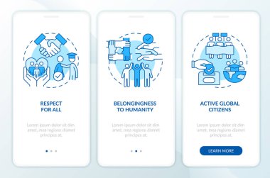 Mobil uygulama ekranında GCED hedefleri mavi. Sürdürülebilir geliştirme, doğrusal kavramlarla birlikte düzenlenebilir grafik yönergeleri ile 3 adımda yürür. UI, UX, GUI şablonu. Kullanılan sayısız Pro-Kalın, Düzenli yazı tipleri