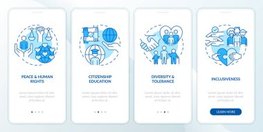 Tema GCED, mobil uygulama ekranında mavi adrese hitap ediyor. Doğrusal kavramlarla düzenlenebilir grafik yönergelerini dört adımda gözden geçir. UI, UX, GUI şablonu. Kullanılan sayısız Pro-Kalın, Düzenli yazı tipleri