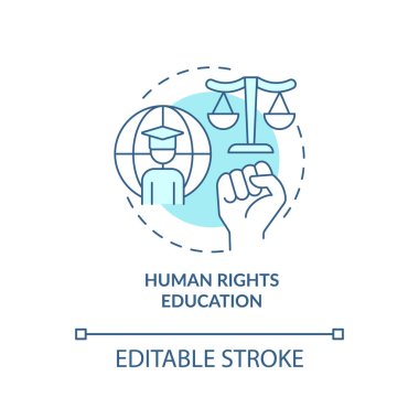 İnsan hakları eğitimi türkuaz konsept ikonu. Demokratik vatandaşlık. GCED pedagoji soyut fikir ince çizgi çizimi. İzole bir taslak çizim. Düzenlenebilir felç. Arial, Myriad Pro-Kalın yazı tipleri