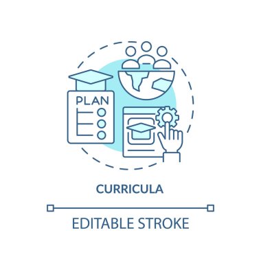 Müfredat turkuaz konsept simgesi. Sürdürülebilir gelişme. Sınıf stratejisi soyut fikir ince çizgi çizimi. İzole bir taslak çizim. Düzenlenebilir felç. Arial, Myriad Pro-Kalın yazı tipleri