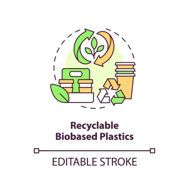 Geri dönüşümlü biyobazlı plastik konsept ikonu. Atık yönetimi. Biyolojik çözünebilir ambalaj fikri ince çizgi çizimi. İzole bir taslak çizim. Düzenlenebilir felç. Arial, Myriad Pro-Kalın yazı tipleri