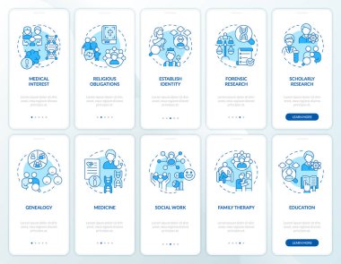 Mobil uygulama ekranında aile ağacı kullanımı mavisi. Doğrusal kavramlarla düzenlenebilir grafik yönergelerini 5 adımda gezdir. UI, UX, GUI şablonu. Kullanılan sayısız Pro-Kalın, Düzenli yazı tipleri
