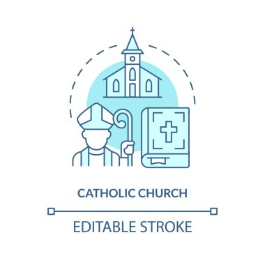 Katolik kilisesi turkuaz konsept ikonu. Tapanlar topluluğu. Hristiyan itirafı soyut fikir ince çizgi çizimi. İzole bir taslak çizim. Düzenlenebilir felç. Arial, Myriad Pro-Kalın yazı tipleri