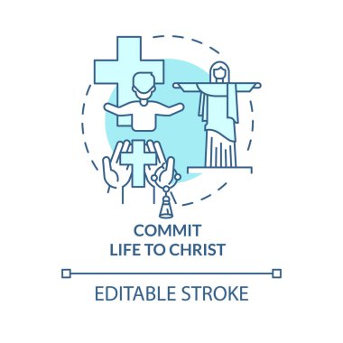 Hayatı İsa 'nın turkuaz konsept ikonuna adayın. Tanrı 'ya güven. Hristiyan mantığı, soyut fikir ince çizgi çizimi haline geliyor. İzole bir taslak çizim. Düzenlenebilir felç. Arial, Myriad Pro-Kalın yazı tipleri