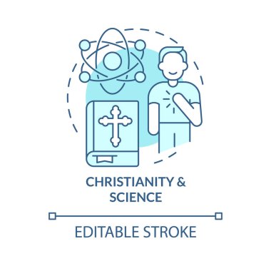 Hıristiyanlık ve bilim turkuaz konsept ikonu. İlerleme var. Yenilikçi din soyut fikir ince çizgi çizimi. İzole bir taslak çizim. Düzenlenebilir felç. Arial, Myriad Pro-Kalın yazı tipleri