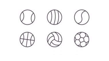 Top sporu çizgi animasyonları. Dönen ve zıplayan toplar. Faaliyetler. Spor malzemeleri. Şeffaf arkaplanda alfa kanalı olan kusursuz HD video. Taslak hareketli grafik canlandırması