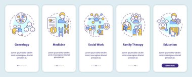 Genogramlar mobil uygulama ekranında kullanılıyor. İlişkiler. Doğrusal kavramlarla düzenlenebilir grafik yönergelerini 5 adımda gezdir. UI, UX, GUI şablonu. Kullanılan sayısız Pro-Kalın, Düzenli yazı tipleri