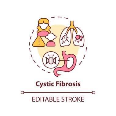 Kistik fibrozis konsept ikonu. Solunum ve sindirim sistemleri. Kalıtsal hastalık soyut fikir ince çizgi çizimi. İzole bir taslak çizim. Düzenlenebilir felç. Arial, Myriad Pro-Kalın yazı tipleri