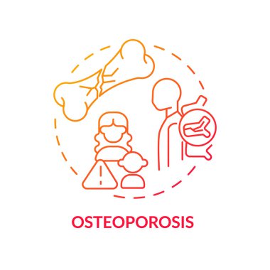 Osteoporoz kırmızı gradyan konsept ikonu. Zayıf kemikler. Aile sağlığı geçmişi ve kronik hastalıklar soyut fikir ince çizgili illüstrasyon. İzole bir taslak çizim. Kullanılan sayısız Pro-Kalın yazı tipi