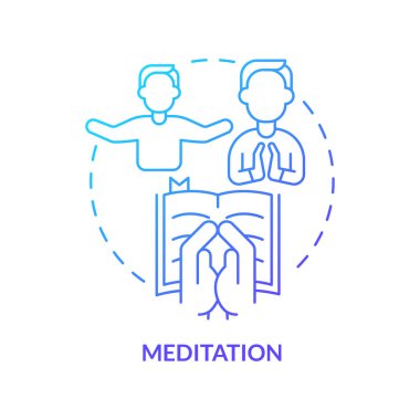 Meditasyon mavi gradyan konsept simgesi. Manevi düşüncelere odaklan. Dini uygulama ve soyut düşünce ince çizgi çizimi. İzole bir taslak çizim. Kullanılan sayısız Pro-Kalın yazı tipi
