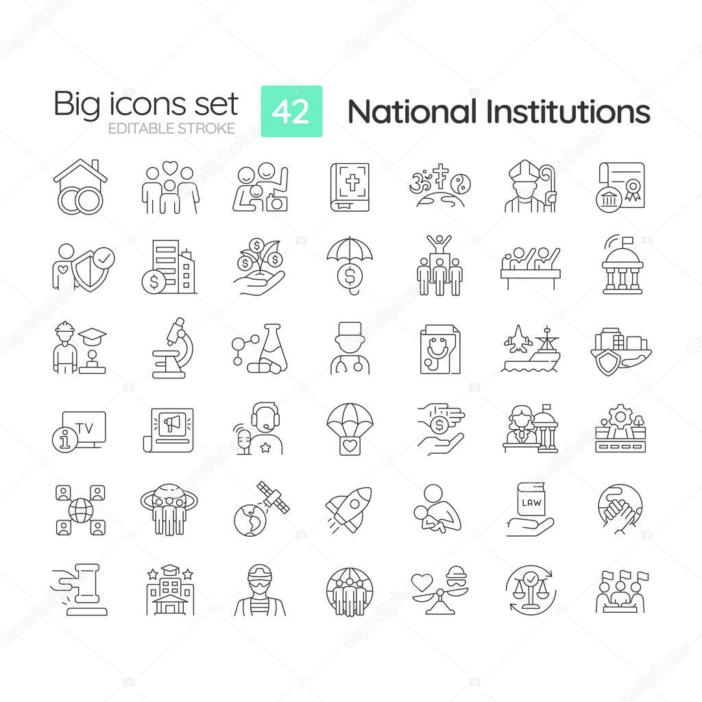 National institutions linear icons set. Patterns of behavior. Social system. Society framework. Customizable thin line symbols. Isolated vector outline illustrations. Editable stroke