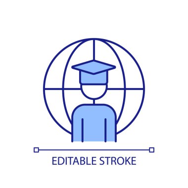 Uluslararası öğrenci RGB renk simgesi. Yurtdışında okuyun. Eğitim fırsatları. Yabancı üniversite programı. Yüksek lisans. İzole vektör çizimi. Basit bir çizgi çizimi. Düzenlenebilir vuruş