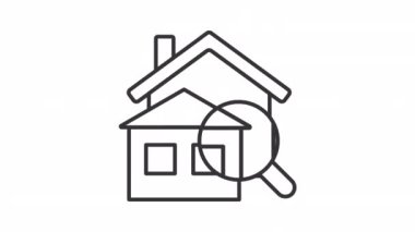 Ev araması doğrusal animasyon. Büyüteç evi inceliyor. Emlak yatırımı. Emlak acentası. Şeffaf arkaplanda alfa kanalı olan kusursuz HD video. Canlandırılmış dış hat simgesi