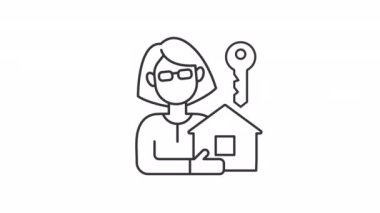 Emlakçı doğrusal animasyonu. Evi tutan kadın. Emlakçı. Mülk yöneticisi. Müşteri hizmetleri. Şeffaf arkaplanda alfa kanalı olan kusursuz HD video. Canlandırılmış dış hat simgesi