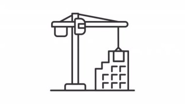 İnşaat hattı animasyonu. Kule vinci çalışıyor. Ev kredisi. Gayrimenkul geliştirme. Şeffaf arkaplanda alfa kanalı olan kusursuz HD video. Canlandırılmış dış hat simgesi