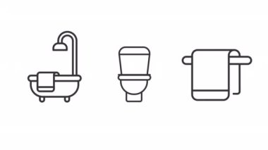 Banyo doğrusal animasyon seti. Kişisel hijyen. Banyo içi. Otel odası. Ev tuvaleti. Küvet banyosu. Şeffaf arkaplanda alfa kanalı olan kusursuz HD video. Canlandırılmış dış hat simgeleri