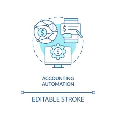 Otomasyon turkuaz konsept simgesi. Bilgisayar programı. Muhasebe yazılımı soyut fikir ince çizgi illüstrasyonundan yararlanıyor. İzole bir taslak çizim. Düzenlenebilir felç. Arial, Myriad Pro-Kalın yazı tipleri