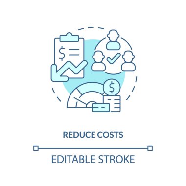 Maliyet azaltma konsepti simgesi. Daha az harcama. Muhasebe yazılımı soyut fikir ince çizgi illüstrasyonundan yararlanıyor. İzole bir taslak çizim. Düzenlenebilir felç. Arial, Myriad Pro-Kalın yazı tipleri