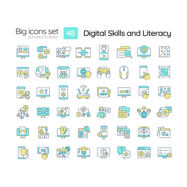 Abilità Digitali Alfabetizzazione Set Icone Colori Rgb Programmazione Informatica Cittadinanza — Vettoriale Stock