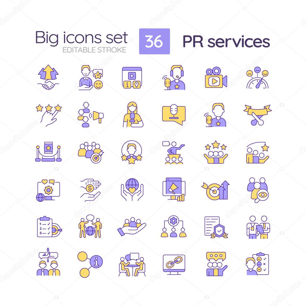 PR services RGB color icons set. Public relations. Social media. Marketing agency. Effective communication. Isolated vector illustrations. Simple filled line drawings collection. Editable stroke