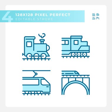Lokomotif pikseli mükemmel mavi RGB renk simgeleri ayarlandı. Tren motoru. Demiryolu teknolojisi. Demiryolu taşımacılığı. İzole vektör çizimleri. Basit çizgi çizimleri koleksiyonu. Düzenlenebilir vuruş