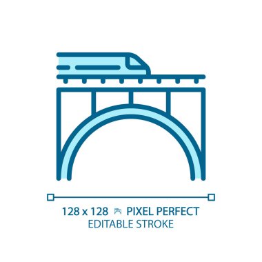 Demiryolu köprüsü pikseli mükemmel mavi RGB renk ikonu. Ekspres tren. Tren yolu. Şehir altyapısı. Hızlı ulaşım. İzole vektör çizimi. Basit bir çizgi çizimi. Düzenlenebilir vuruş