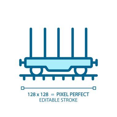 Flatcar pikseli mükemmel mavi RGB renk simgesi. Yük vagonu. Platformu aç Nakliye konteynırı. Hisse senedi. İzole vektör çizimi. Basit bir çizgi çizimi. Düzenlenebilir vuruş