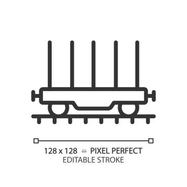 Flatcar pikseli mükemmel doğrusal simge. Yük vagonu. Platformu aç Nakliye konteynırı. Hisse senedi. İnce çizgili çizim. Contour sembolü. Vektör çizimi. Düzenlenebilir vuruş