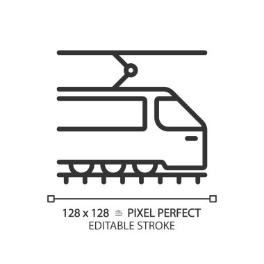 Tramvay pikseli mükemmel doğrusal simge. Tramvay treni. Şehir ulaşımı. Hafif demiryolu aracı. Modern tramvay. İnce çizgili çizim. Contour sembolü. Vektör çizimi. Düzenlenebilir vuruş