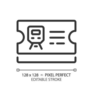 Bilet kontrolü piksel mükemmel doğrusal simge. Tren istasyonunda. Tren yolcusu. Ücret kaçamağı. Toplu taşıma. İnce çizgili çizim. Contour sembolü. Vektör çizimi. Düzenlenebilir vuruş