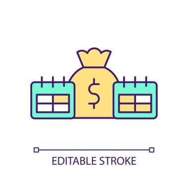 Düzenli ödemeler RGB renk simgesi. Tek seferlik ve sürekli ödemeler. Para transferleri. Şirketin gelir yönetimi. İzole vektör çizimi. Basit bir çizgi çizimi. Düzenlenebilir vuruş