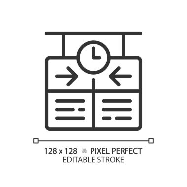 Zaman çizelgesi pikseli mükemmel doğrusal simge. Tren tarifesi. Gelen kalkış tahtası. Yolcu bilgi sistemi. İnce çizgili çizim. Contour sembolü. Vektör çizimi. Düzenlenebilir vuruş