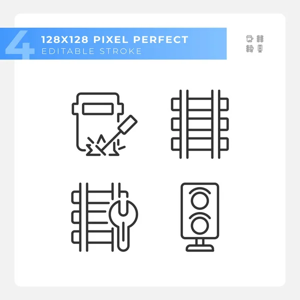 stock vector Railroad maintenance pixel perfect linear icons set. Railway track repair. Rail safety. Engineering work. Customizable thin line symbols. Isolated vector outline illustrations. Editable stroke