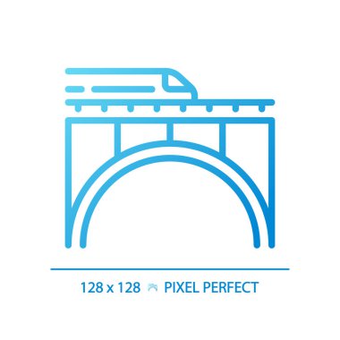 Demiryolu köprü pikseli mükemmel gradyan vektör simgesi. Ekspres tren. Şehir altyapısı. Hızlı ulaşım. İnce çizgi renk sembolü. Modern tarz pictogram. Vektör izole çizimi