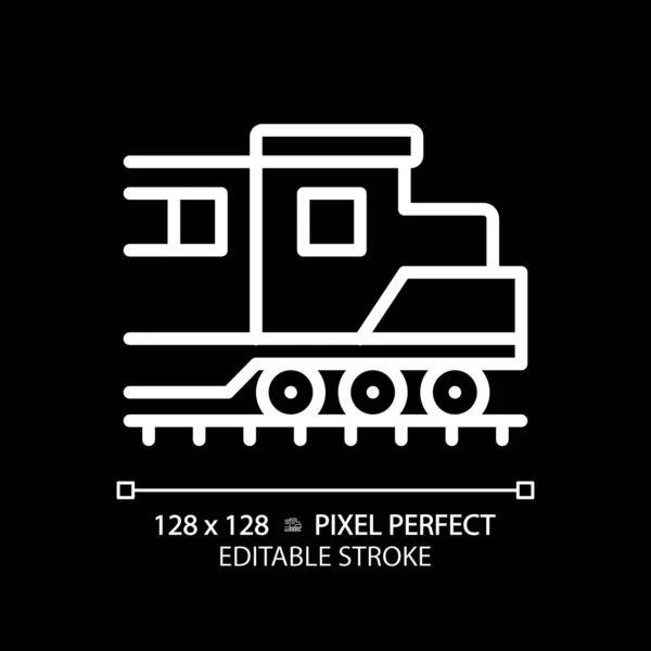 Stock vector Locomotive pixel perfect white linear icon for dark theme. Diesel engine. Freight train. Rail transport vehicle. Power car. Thin line illustration. Isolated symbol for night mode. Editable stroke