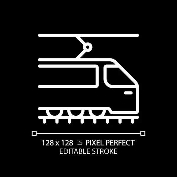 stock vector Tram pixel perfect white linear icon for dark theme. Tramway train. Urban transport. Light rail vehicle. Modern streetcar. Thin line illustration. Isolated symbol for night mode. Editable stroke