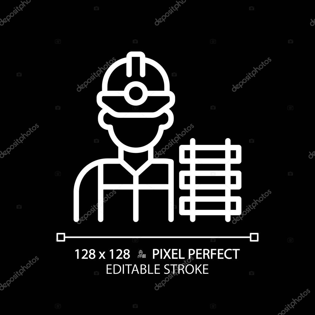 Railway worker pixel perfect white linear icon for dark theme. Railroad labor. Train track. Rail maintenance. Civil engineering. Thin line illustration. Isolated symbol for night mode. Editable stroke