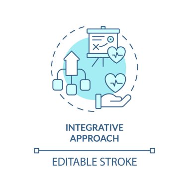 Bütünleşik yaklaşım turkuaz konsept simgesi. Birleştirilmiş kaynak verileri. Sağlık hizmeti bilgileri. Hassas tıp faktörü soyut fikir ince çizgi çizimi. İzole bir taslak çizim. Düzenlenebilir vuruş