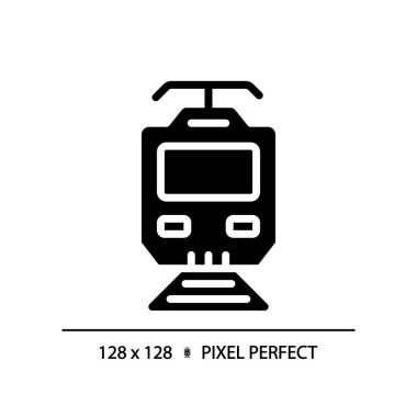 Elektrikli tren pikseli mükemmel siyah sembol. Modern lokomotif. Yüksek hız. Demiryolu elektriklendirmesi. Başlık çizgileri. Beyaz uzayda siluet sembolü. Piktogram sağlammış. Vektör izole illüstrasyonu