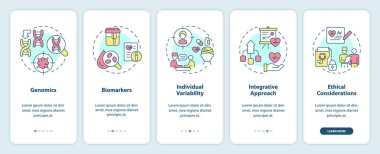 Seyyar uygulama ekranında hassas tıp kavramları. Doğrusal kavramlarla düzenlenebilir grafik yönergelerini 5 adımda gezdir. UI, UX, GUI şablonu. Kullanılan sayısız Pro-Kalın, Düzenli yazı tipleri