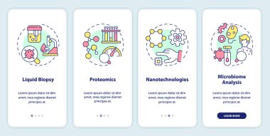 Mobil uygulama ekranında teknolojik gelişmeler var. Genetik tıp, doğrusal kavramlarla düzenlenebilir grafik talimatlarını dört adımda gözden geçirir. UI, UX, GUI şablonu. Kullanılan sayısız Pro-Kalın, Düzenli yazı tipleri