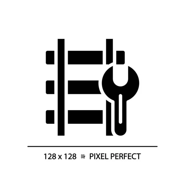 stock vector Railway maintenance pixel perfect black glyph icon. Train track repair. Railroad construction. Rail engineering. Silhouette symbol on white space. Solid pictogram. Vector isolated illustration